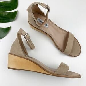 Steve Madden Kenmar Wood Wedge Sandals Ankle Strap Tan Faux Suede Women's 9.5